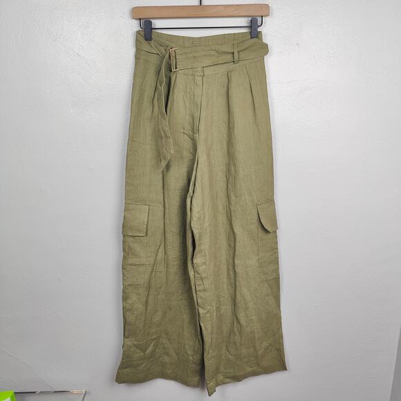 Hevron Maggie Pant Womens 2 Linen Wide Leg Belted Pleated HIgh Rise Olive‎ Green - Picture 1 of 10